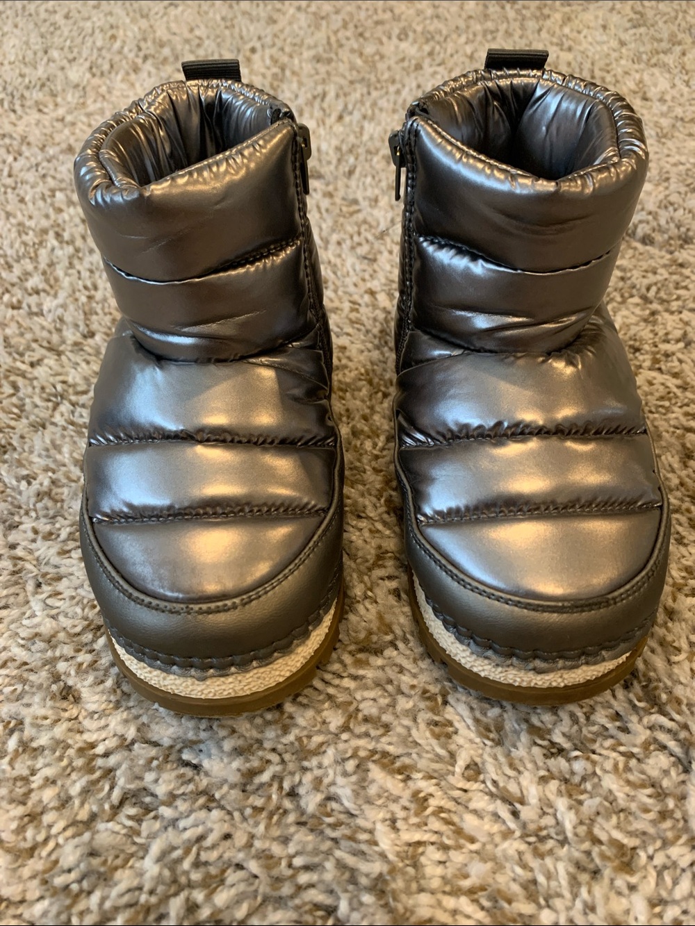 Metallic gray snow boots